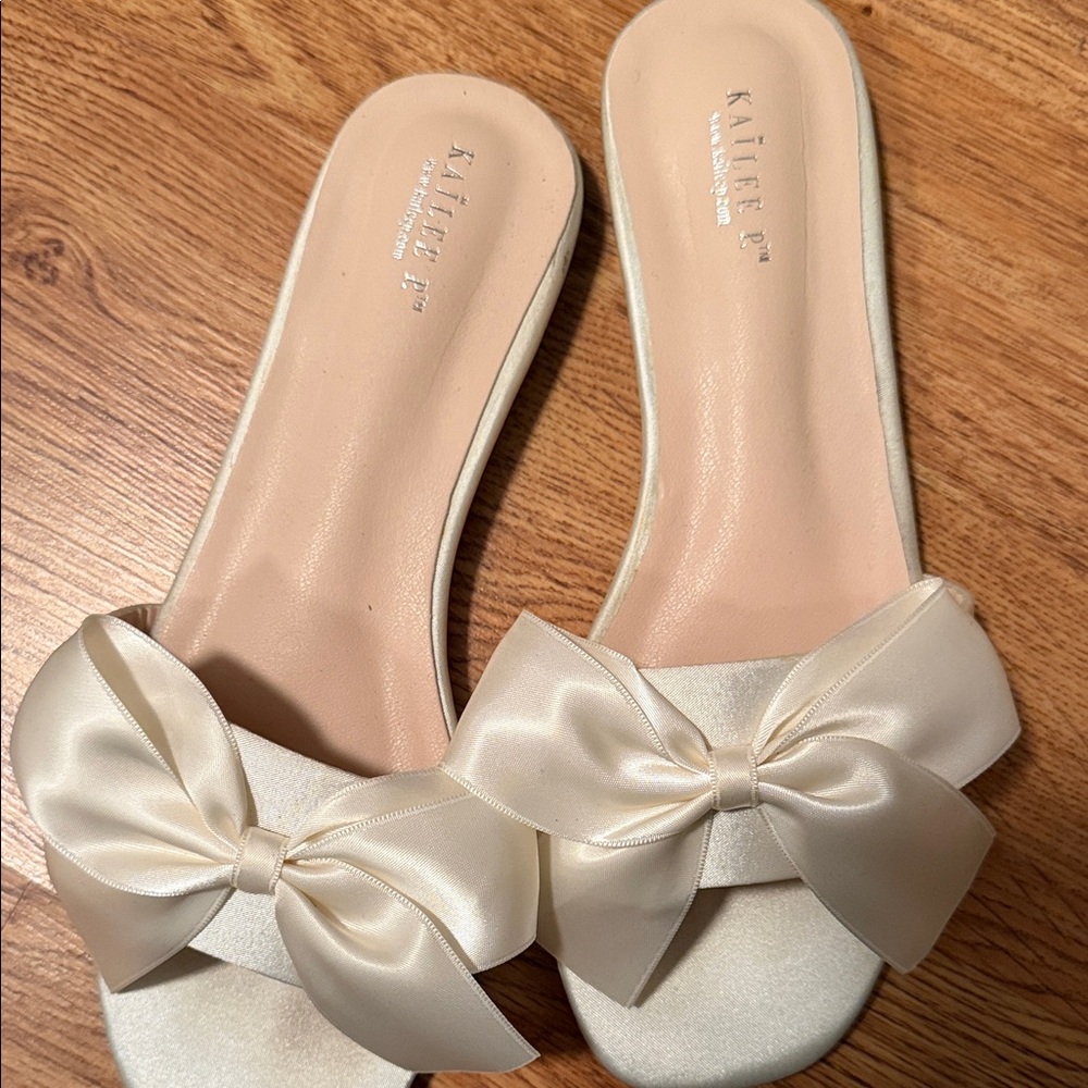 Kailee P Ivory Satin Bow Slide Sandals